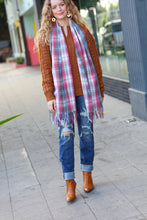 Load image into Gallery viewer, Keep Me Cozy Blue &amp; Light Burgundy Plaid Fringe Scarf
