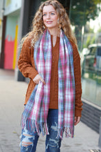 Load image into Gallery viewer, Keep Me Cozy Blue &amp; Light Burgundy Plaid Fringe Scarf

