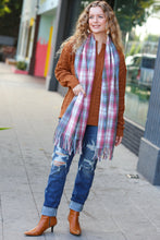 Load image into Gallery viewer, Keep Me Cozy Blue &amp; Light Burgundy Plaid Fringe Scarf
