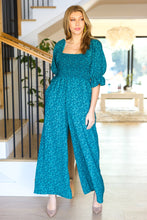 Load image into Gallery viewer, Feeling Femme Teal Floral Smocked Wide Leg Jumpsuit
