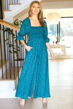 Load image into Gallery viewer, Feeling Femme Teal Floral Smocked Wide Leg Jumpsuit
