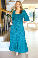 Load image into Gallery viewer, Feeling Femme Teal Floral Smocked Wide Leg Jumpsuit
