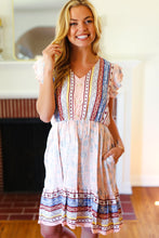 Load image into Gallery viewer, Peach Boho Floral Button Detail V Neck Ruffle Dress
