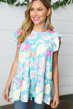 Load image into Gallery viewer, Baby Blue Floral Yoke Flutter Sleeve Keyhole Back Top

