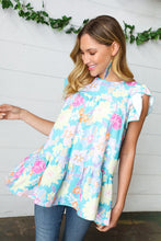 Load image into Gallery viewer, Baby Blue Floral Yoke Flutter Sleeve Keyhole Back Top
