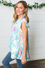 Load image into Gallery viewer, Baby Blue Floral Yoke Flutter Sleeve Keyhole Back Top
