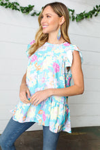 Load image into Gallery viewer, Baby Blue Floral Yoke Flutter Sleeve Keyhole Back Top
