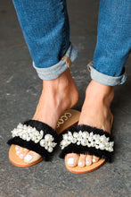 Load image into Gallery viewer, Black Linen Fray Beaded Faux Pearl Slide Sandal
