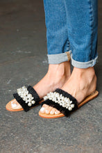 Load image into Gallery viewer, Black Linen Fray Beaded Faux Pearl Slide Sandal
