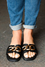 Load image into Gallery viewer, Black Chain Detail Notched Slide Sandals
