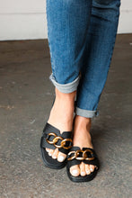 Load image into Gallery viewer, Black Chain Detail Notched Slide Sandals
