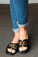 Load image into Gallery viewer, Black Chain Detail Notched Slide Sandals
