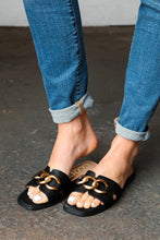 Load image into Gallery viewer, Black Chain Detail Notched Slide Sandals
