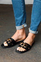 Load image into Gallery viewer, Black Chain Detail Notched Slide Sandals
