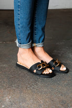 Load image into Gallery viewer, Black Chain Detail Notched Slide Sandals
