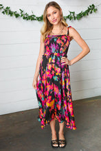 Load image into Gallery viewer, Black Smeared Floral Print Tie Shoulder Midi Dress
