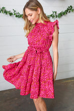 Load image into Gallery viewer, Magenta Floral Waist Tie Ruffle Frill Dress with Pockets
