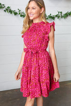 Load image into Gallery viewer, Magenta Floral Waist Tie Ruffle Frill Dress with Pockets
