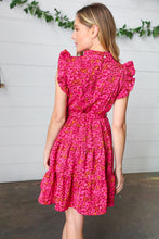 Load image into Gallery viewer, Magenta Floral Waist Tie Ruffle Frill Dress with Pockets
