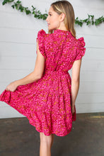 Load image into Gallery viewer, Magenta Floral Waist Tie Ruffle Frill Dress with Pockets
