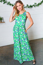 Load image into Gallery viewer, Green &amp; Blue Floral Print Fit and Flare Maxi Dress
