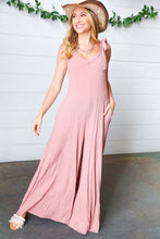 Load image into Gallery viewer, Dusty Rose Rib Knit Tie Shoulder Pocketed Jumpsuit
