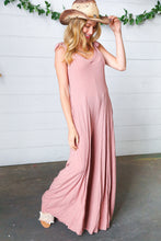 Load image into Gallery viewer, Dusty Rose Rib Knit Tie Shoulder Pocketed Jumpsuit
