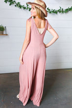 Load image into Gallery viewer, Dusty Rose Rib Knit Tie Shoulder Pocketed Jumpsuit
