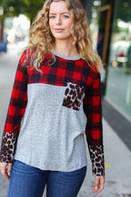 Load image into Gallery viewer, All Of Me Grey &amp; Red Plaid Animal Print Pocketed Top
