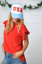 Load image into Gallery viewer, Sky Blue USA Snap Back Mesh Trucker Cap
