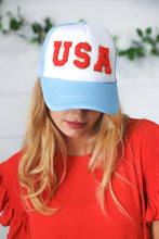 Load image into Gallery viewer, Sky Blue USA Snap Back Mesh Trucker Cap
