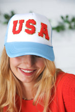Load image into Gallery viewer, Sky Blue USA Snap Back Mesh Trucker Cap
