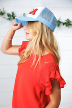 Load image into Gallery viewer, Sky Blue USA Snap Back Mesh Trucker Cap
