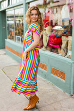 Load image into Gallery viewer, Bright Thoughts Rainbow Stripe Flutter Sleeve Fit &amp; Flare Maxi Dress
