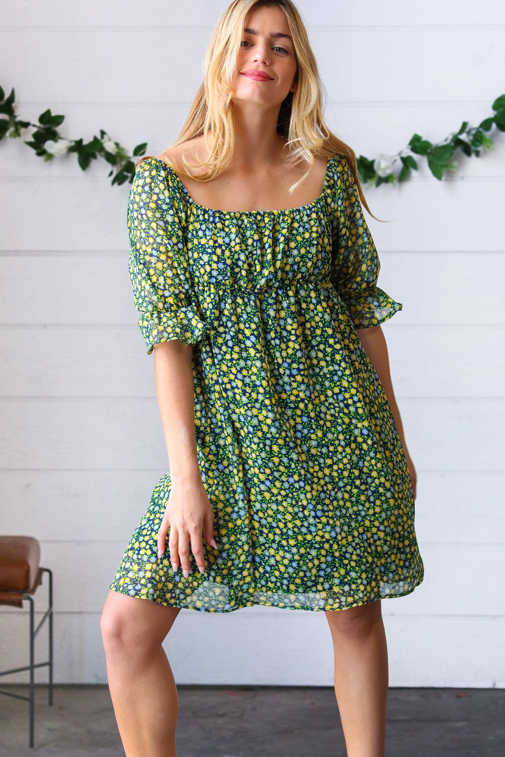 Green & Navy Ditsy Floral Chiffon Lined Dress