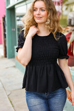 Load image into Gallery viewer, All For You Black Smocked Peplum Puff Sleeve Top
