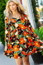 Load image into Gallery viewer, Orange &amp; Olive Floral Long Sleeve Babydoll Dress
