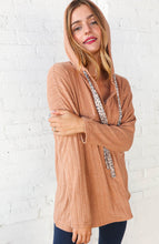 Load image into Gallery viewer, Beige Rib Knit Leopard Print Drawstring Hoodie
