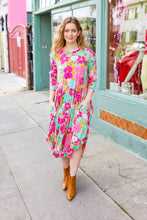 Load image into Gallery viewer, Feeling Femme&#39; Taupe &amp; Fuchsia Floral Print Ruffle Hem Midi Dress
