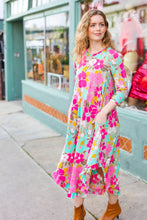 Load image into Gallery viewer, Feeling Femme&#39; Taupe &amp; Fuchsia Floral Print Ruffle Hem Midi Dress
