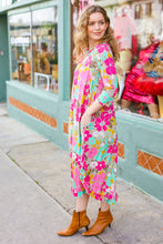 Load image into Gallery viewer, Feeling Femme&#39; Taupe &amp; Fuchsia Floral Print Ruffle Hem Midi Dress
