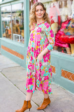 Load image into Gallery viewer, Feeling Femme&#39; Taupe &amp; Fuchsia Floral Print Ruffle Hem Midi Dress
