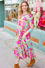 Load image into Gallery viewer, Feeling Femme&#39; Taupe &amp; Fuchsia Floral Print Ruffle Hem Midi Dress
