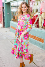 Load image into Gallery viewer, Feeling Femme&#39; Taupe &amp; Fuchsia Floral Print Ruffle Hem Midi Dress
