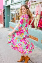 Load image into Gallery viewer, Feeling Femme&#39; Taupe &amp; Fuchsia Floral Print Ruffle Hem Midi Dress
