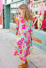 Load image into Gallery viewer, Feeling Femme&#39; Taupe &amp; Fuchsia Floral Print Ruffle Hem Midi Dress
