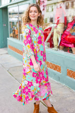 Load image into Gallery viewer, Feeling Femme&#39; Taupe &amp; Fuchsia Floral Print Ruffle Hem Midi Dress
