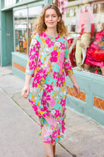 Load image into Gallery viewer, Feeling Femme&#39; Taupe &amp; Fuchsia Floral Print Ruffle Hem Midi Dress
