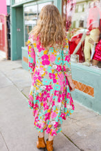 Load image into Gallery viewer, Feeling Femme&#39; Taupe &amp; Fuchsia Floral Print Ruffle Hem Midi Dress
