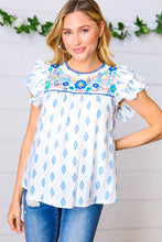 Load image into Gallery viewer, Azure Blue Aztec &amp; Embroidered Ruffle Top
